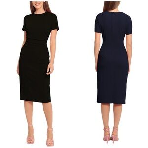 Maggy London Kina Crepe Ruched Below the Knee Short Sleeve Sheath Dress
